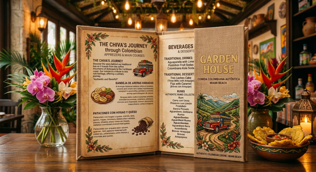 Garden House Latin Restaurant printed food menu display
